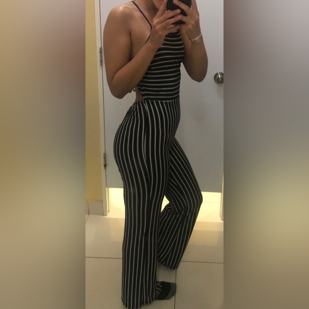 Black/white striped cross back jumpsuit
